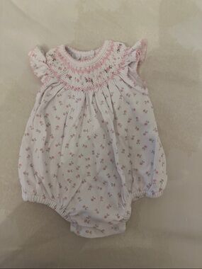 Magnolia Baby Smocked Baby Romper with Tiny Pink Rose Print